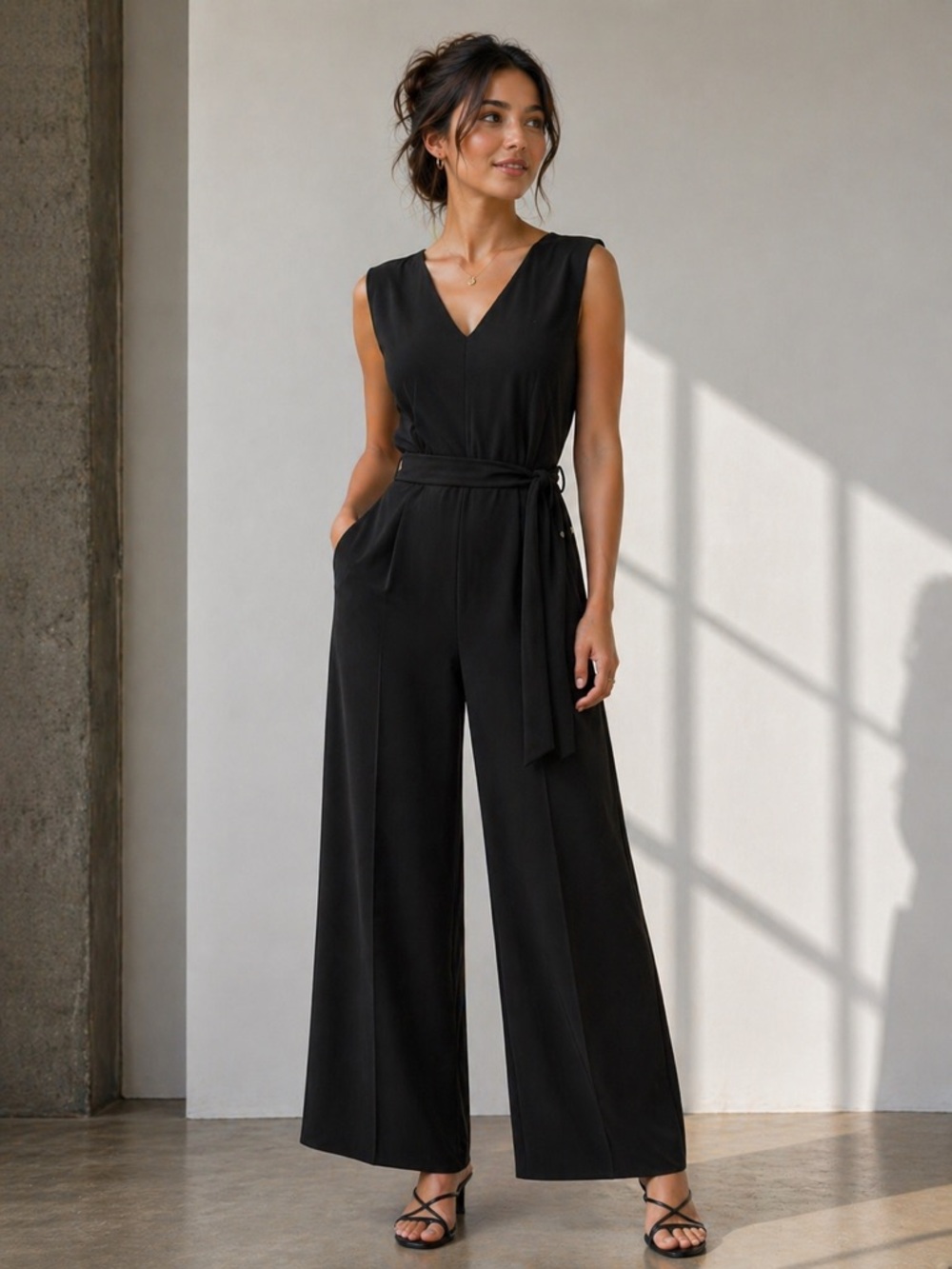 Calvin Klein Sleeveless V-Neck Black Wide-Leg Jumpsuit with Waist Tie! Size 4!
